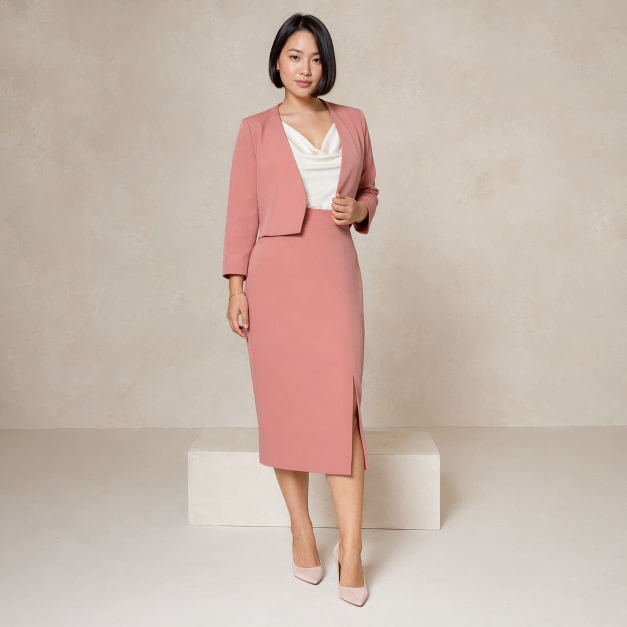 Blush pink fitted midi dress