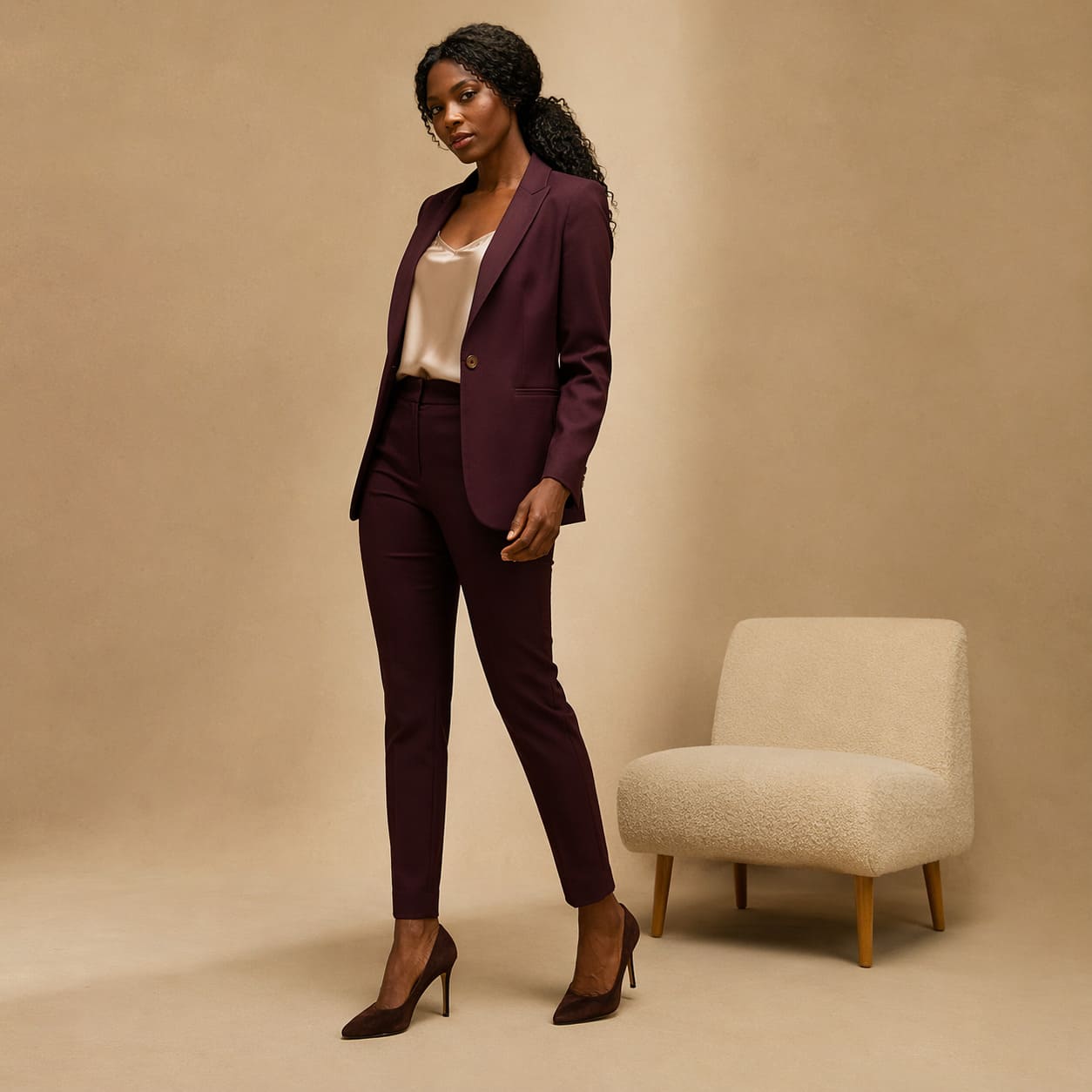 Burgundy tailored blazer with slim-fit trousers