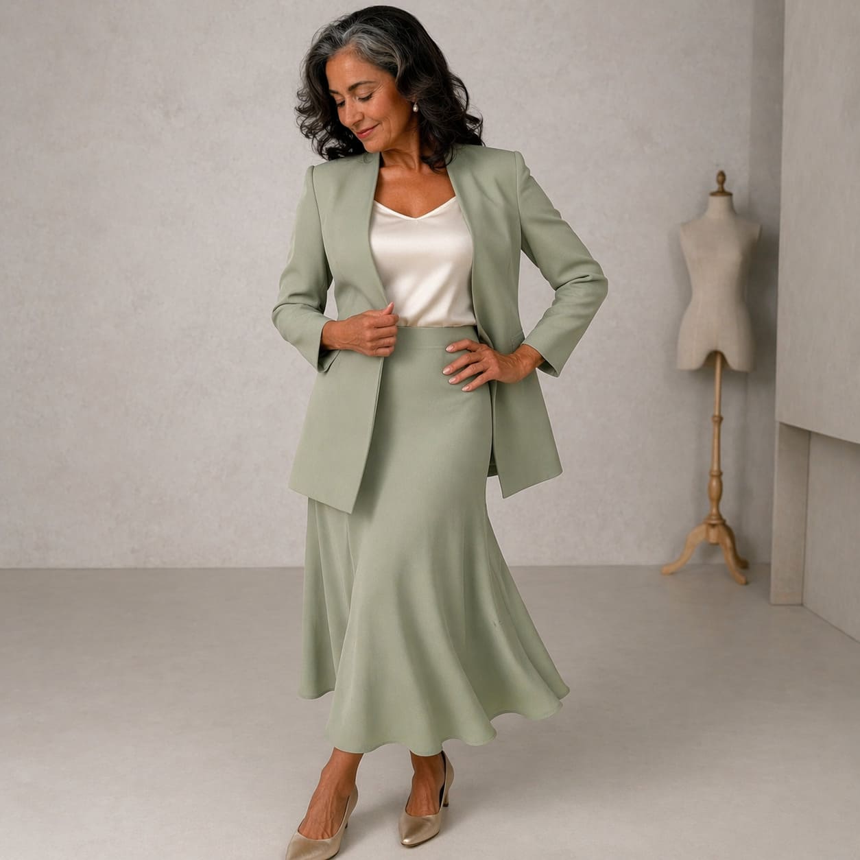 Sage green blazer with a flowing midi skirt