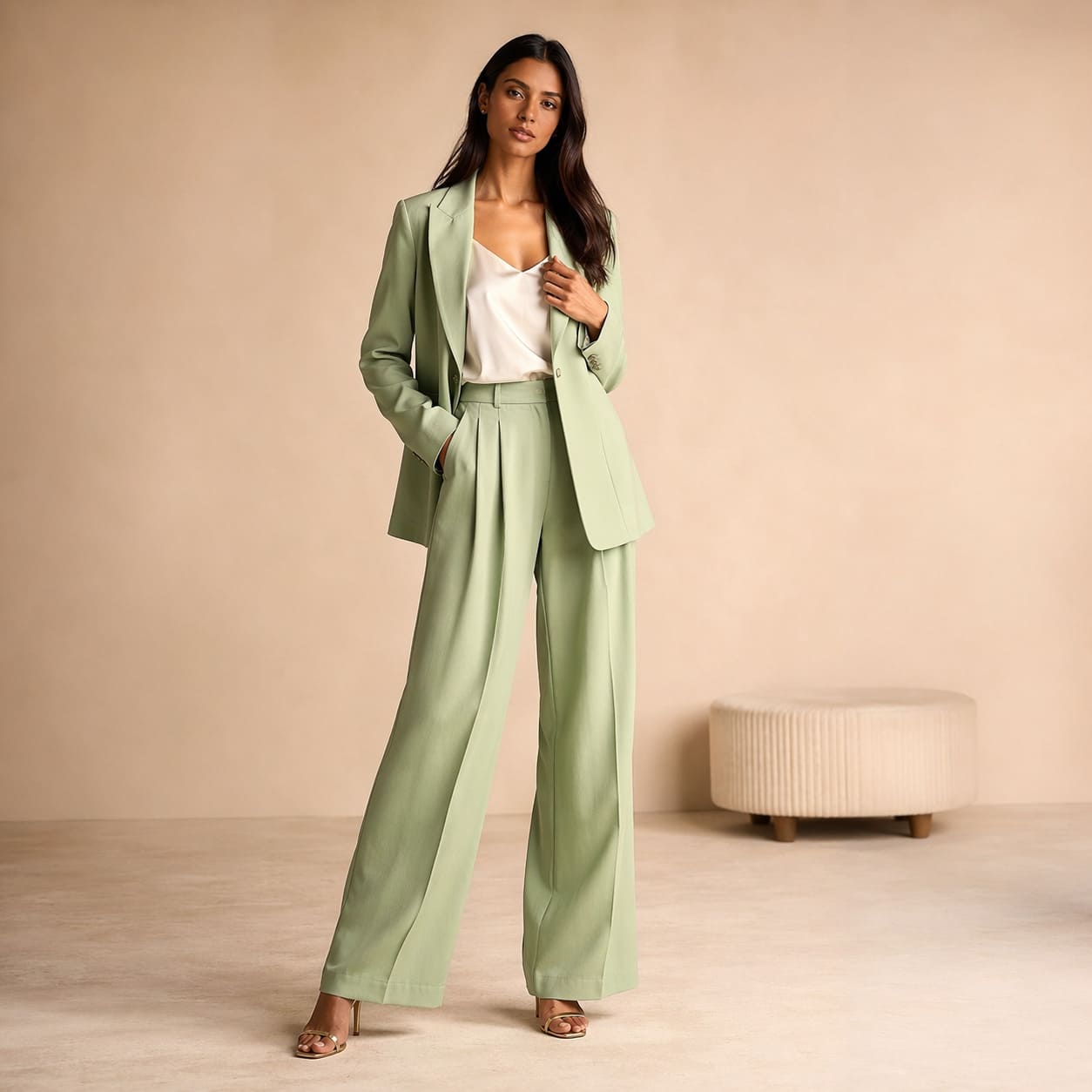Sage green blazer with wide-leg trousers