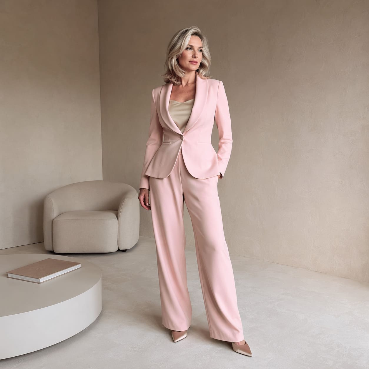 Blush pink tailored blazer with wide-leg trousers, second look