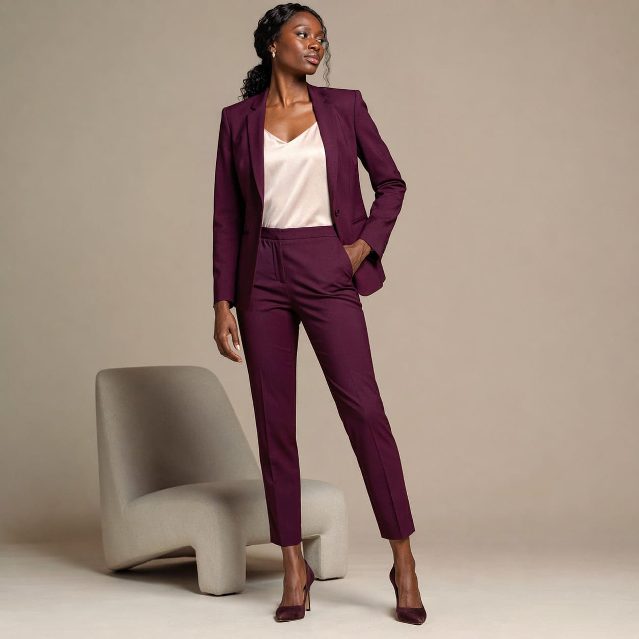 Burgundy tailored blazer with trousers