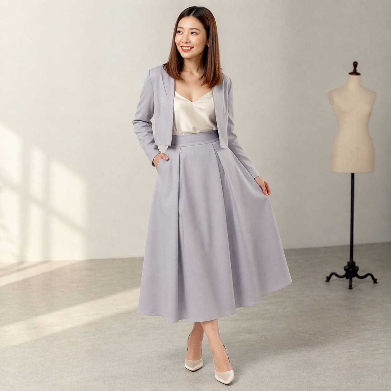 Lilac midi dress with a fitted bodice