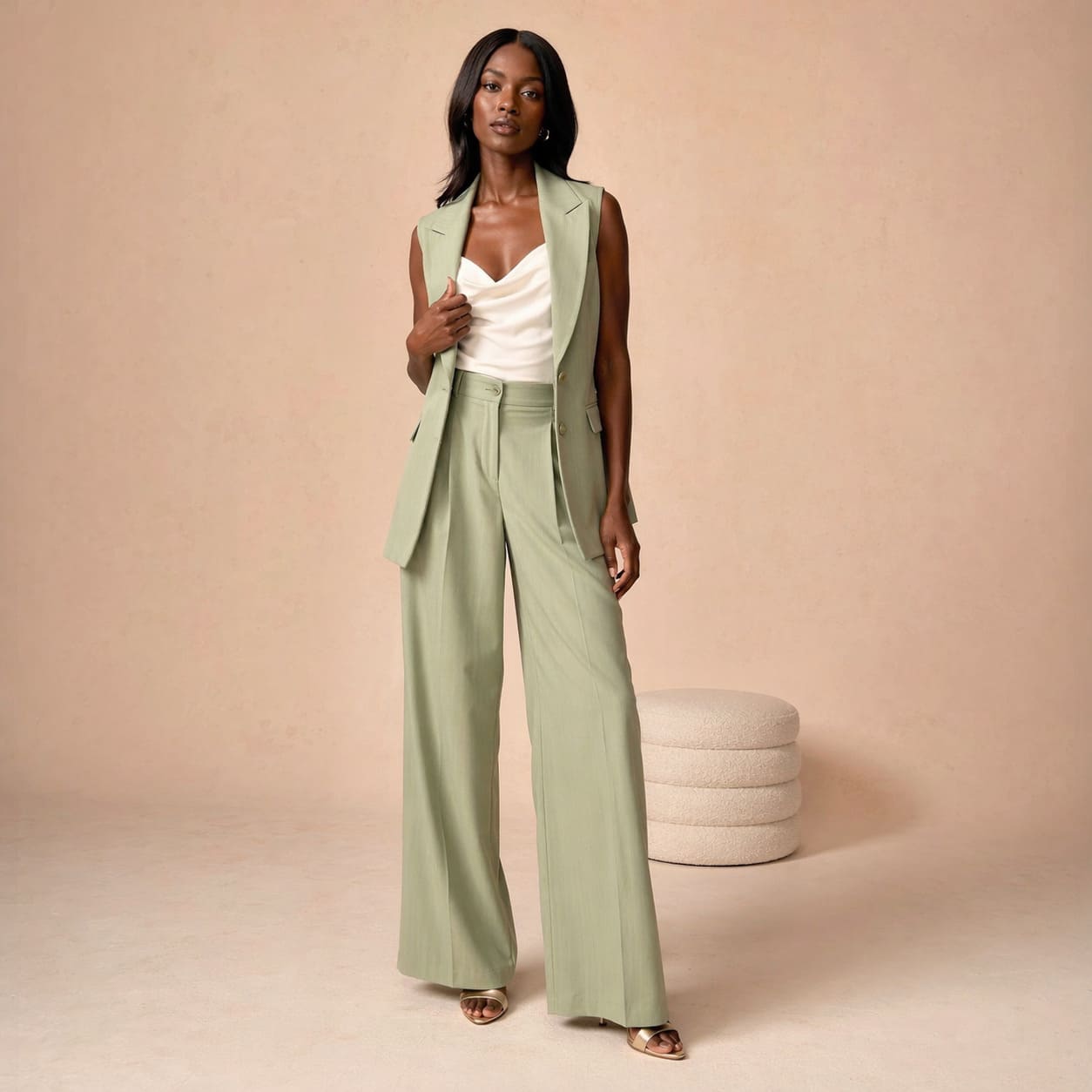 Sage green sleeveless blazer with wide-leg trousers