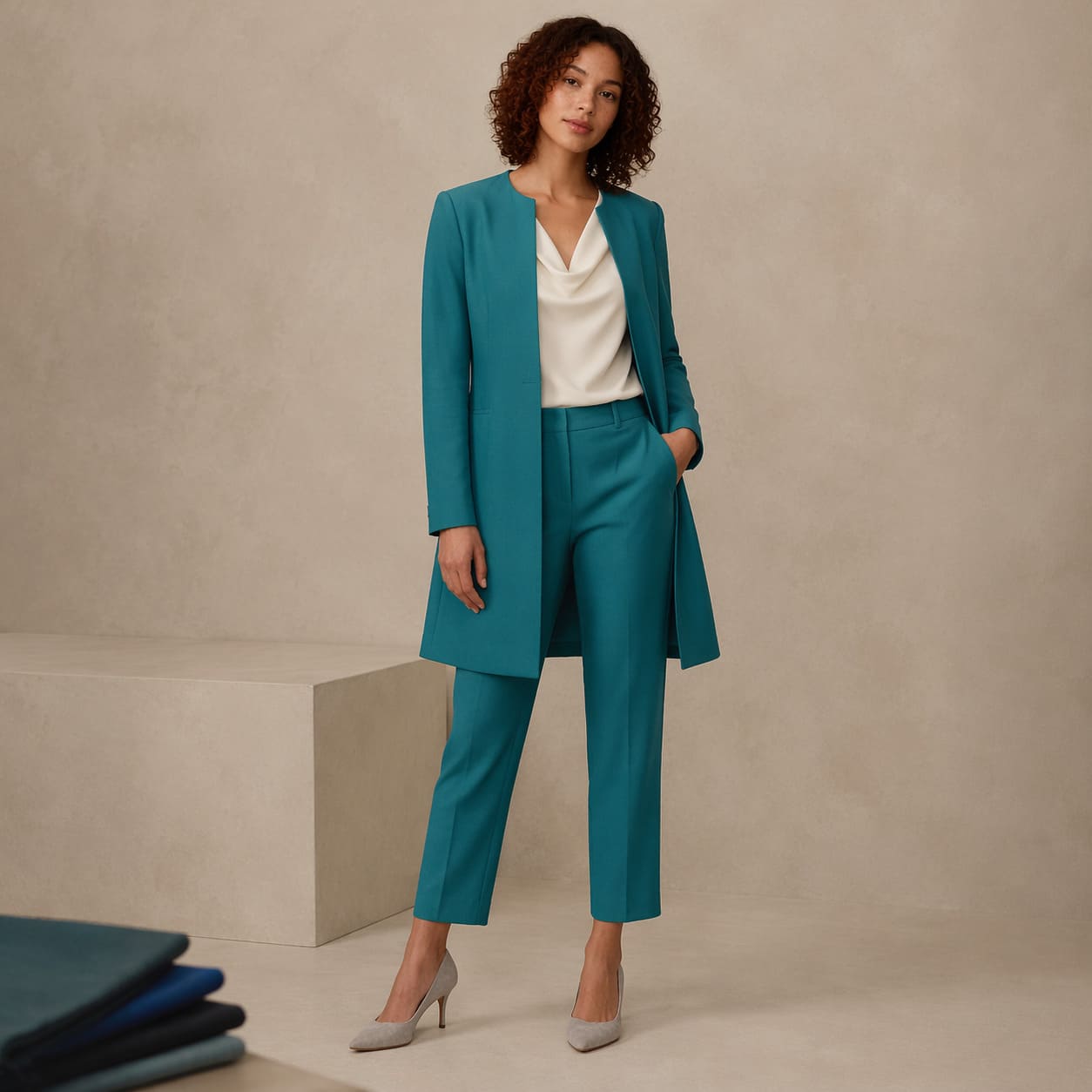 Teal tailored blazer with cropped trousers