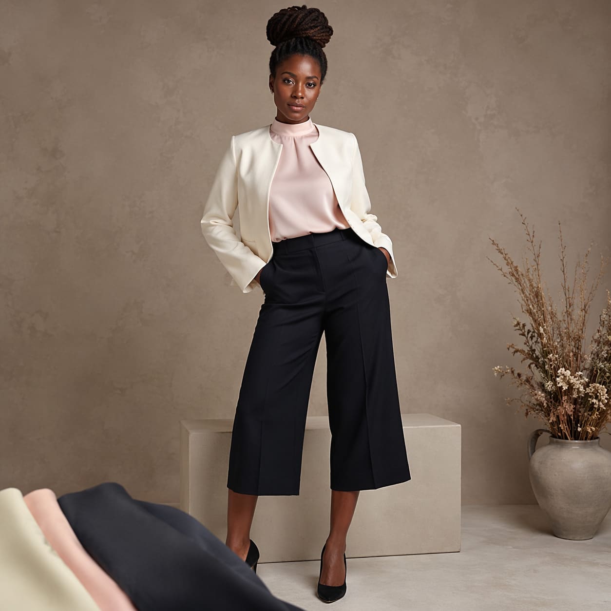 Women's Bespoke – Cream blazer with wide-leg cropped trousers - Sample Image