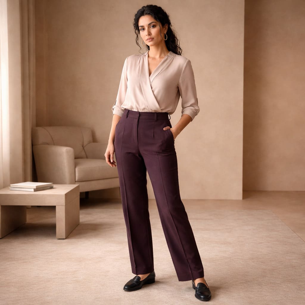 Blush blouse worn with burgundy slim-fit trousers