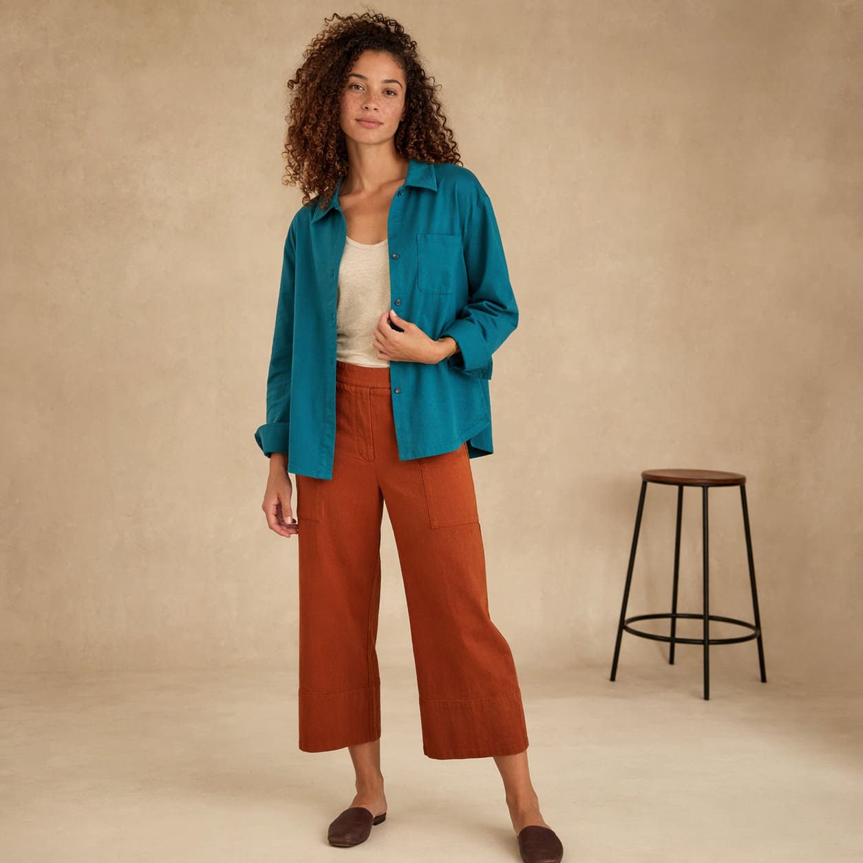 Women's Casual Clothing – Teal blazer with rust cropped trousers - Sample Image