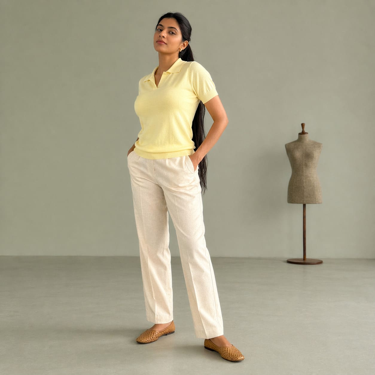 Yellow polo shirt worn with cream straight-leg trousers, sample image