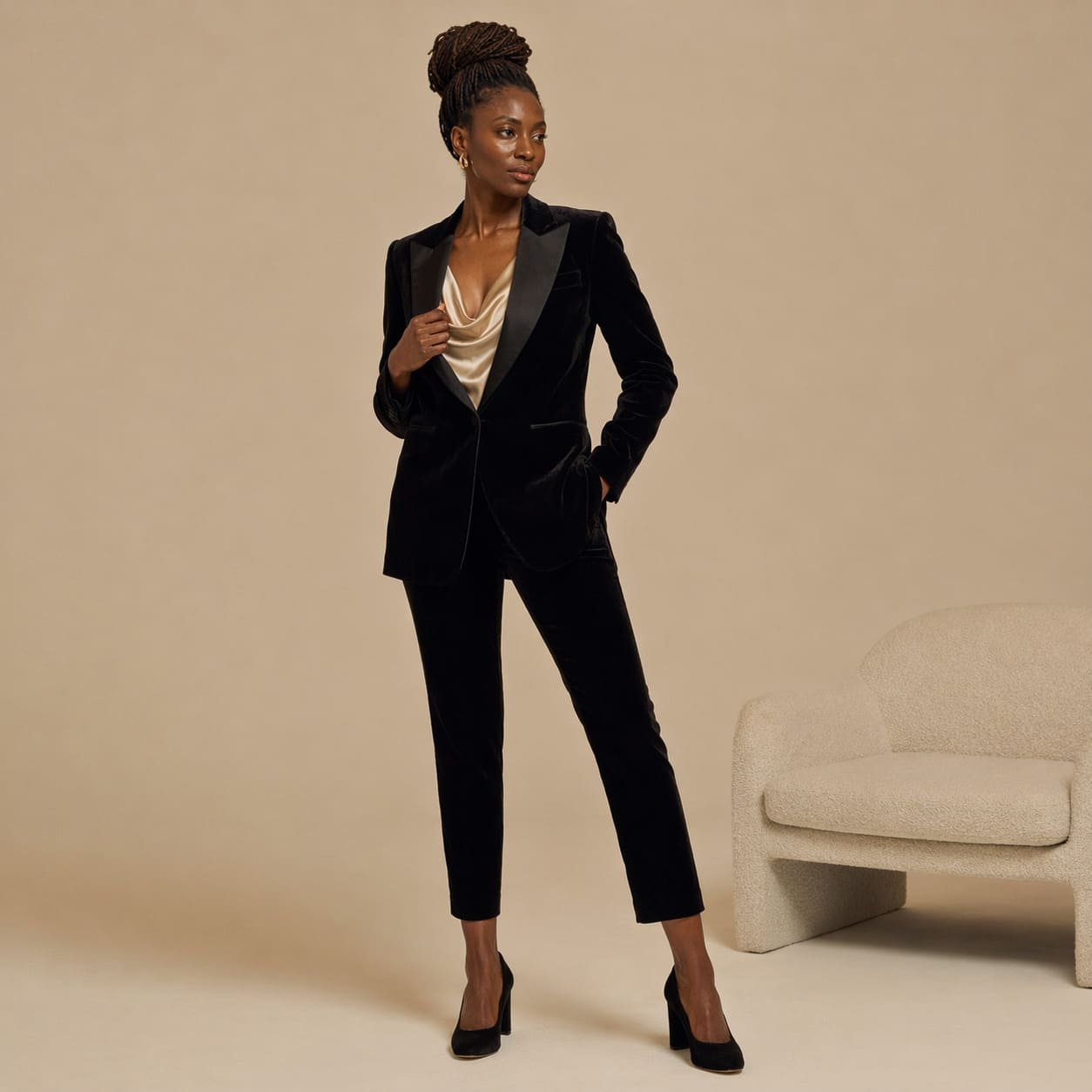 Black tailored blazer with slim-fit trousers