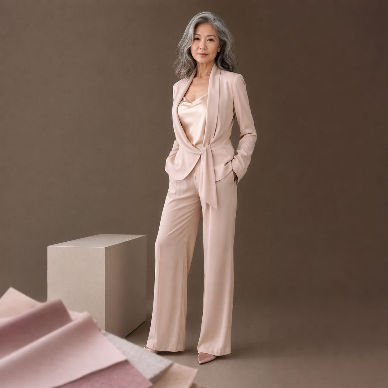 Blush tailored blazer with wide-leg trousers