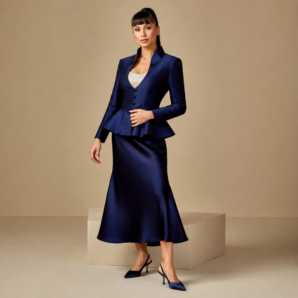 Women's Evening Wear – Navy satin blazer with matching midi skirt - Sample Image