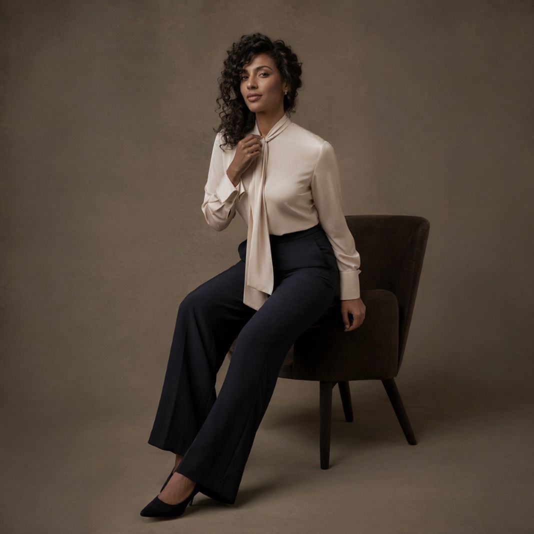 Champagne satin blouse worn with black wide-leg trousers