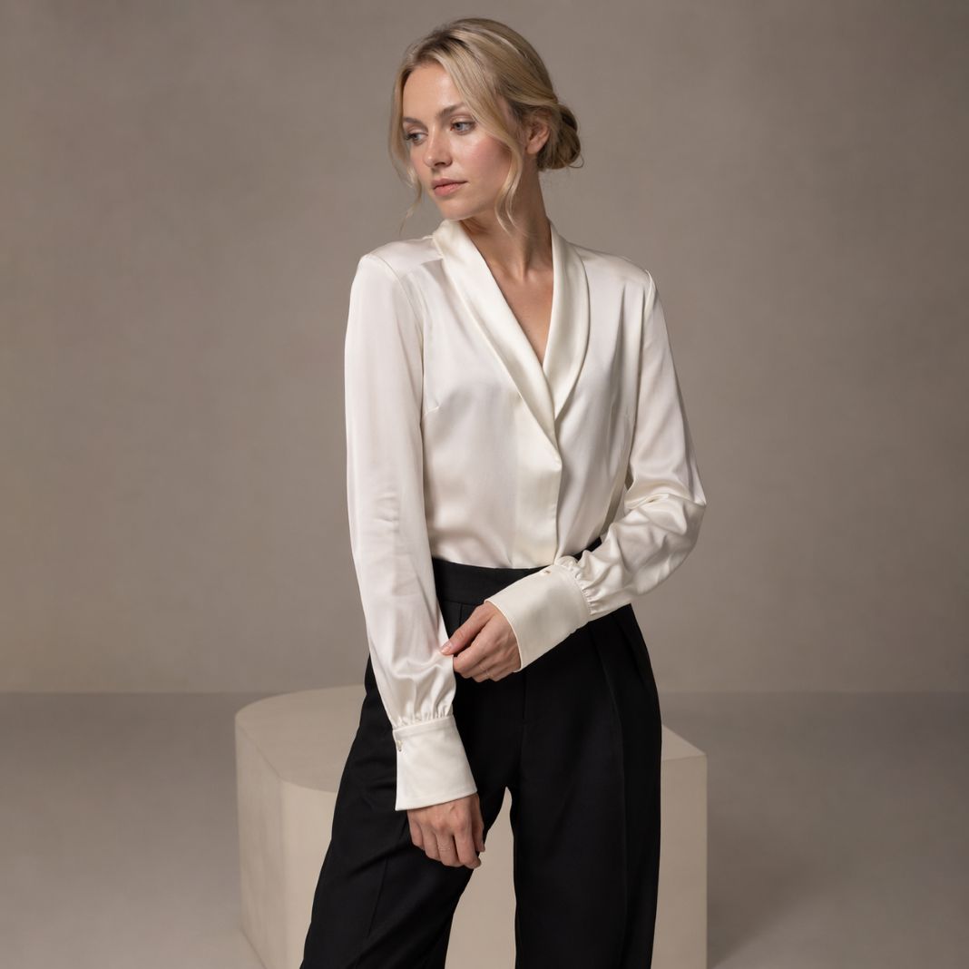 Ivory satin wrap-style blouse with long sleeves