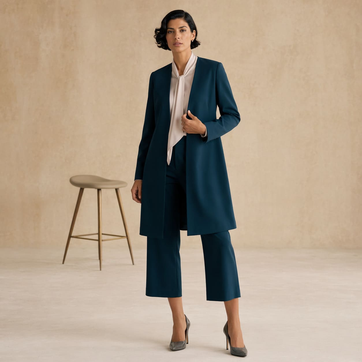 Teal longline blazer with matching cropped trousers