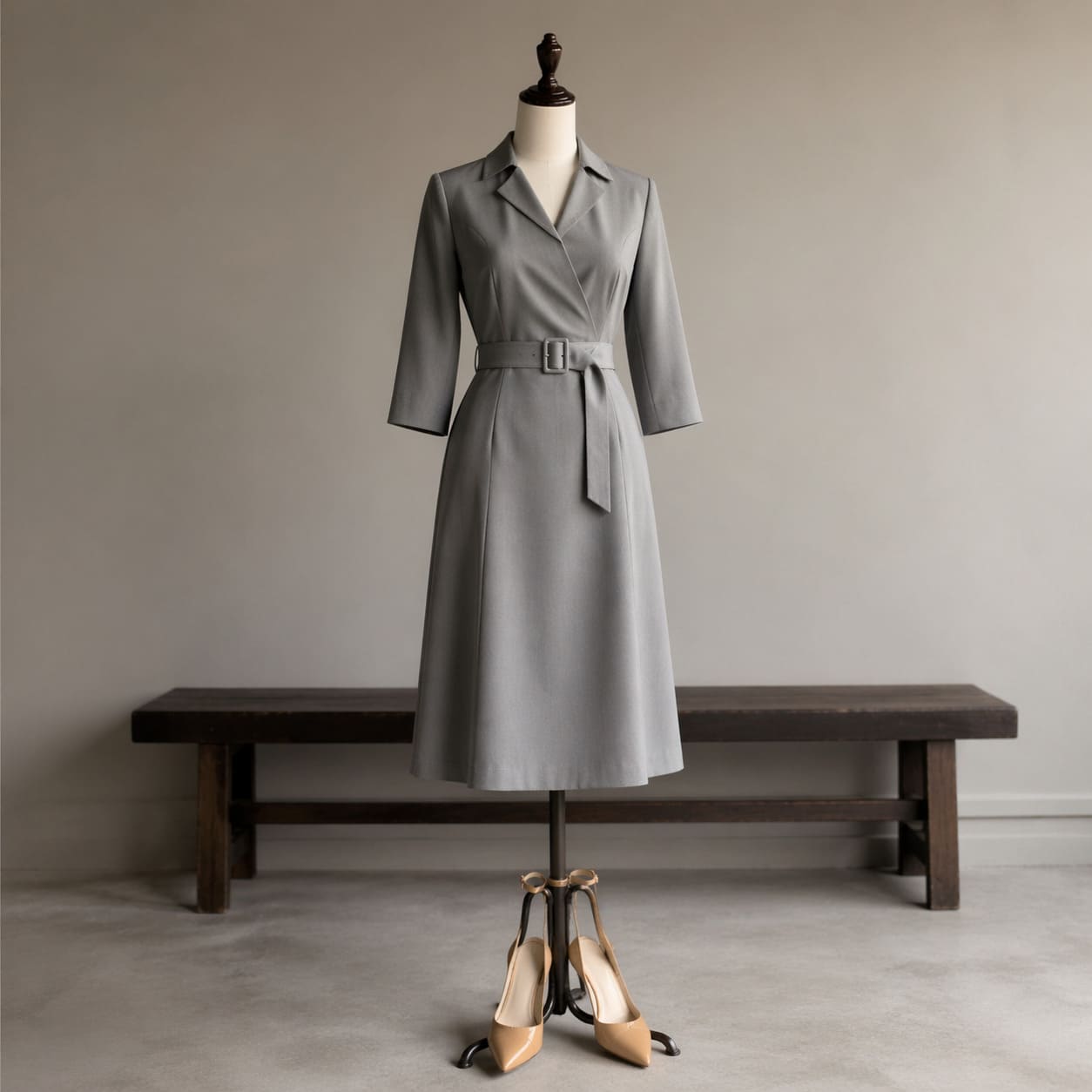 Women's Grey Belted Work Dress Outfit - Sample Image