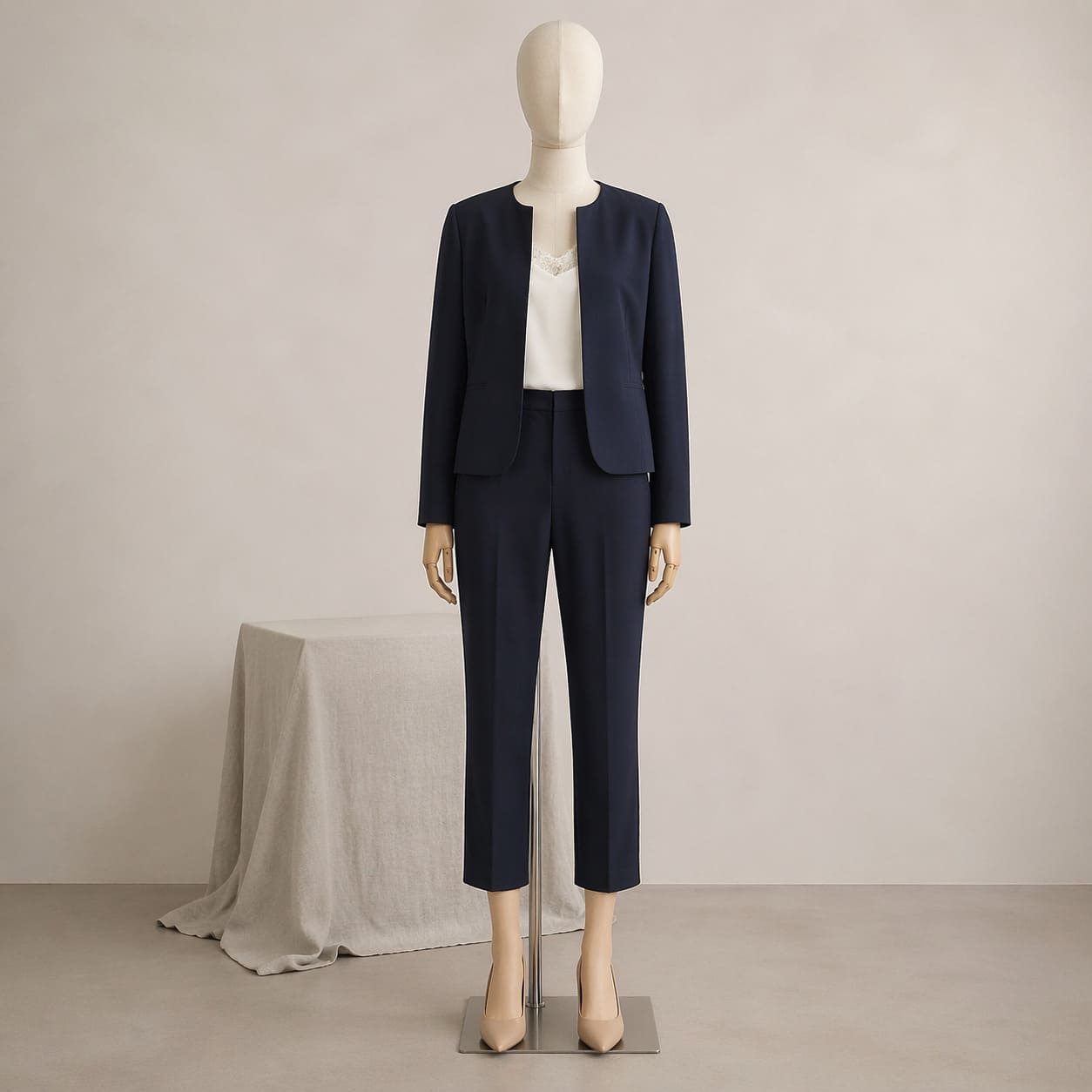 Women's Navy Collarless Jacket Outfit - Sample Image