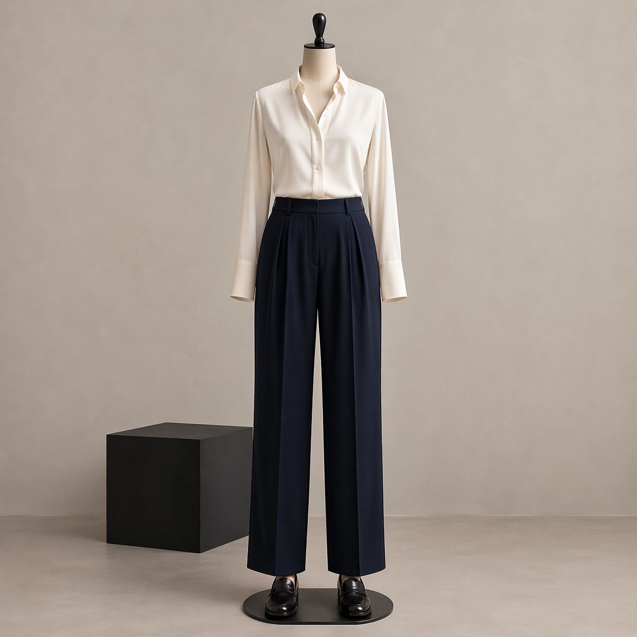 Women's Navy Pleated Trouser Outfit - Sample Image