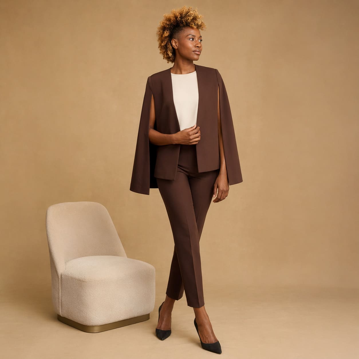 Women's Occasionwear – Brown tailored blazer with matching slim-fit trousers - Sample Image