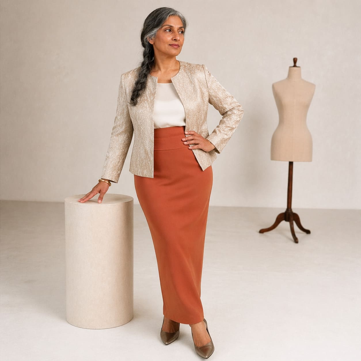 Cream textured jacket worn with an orange midi skirt