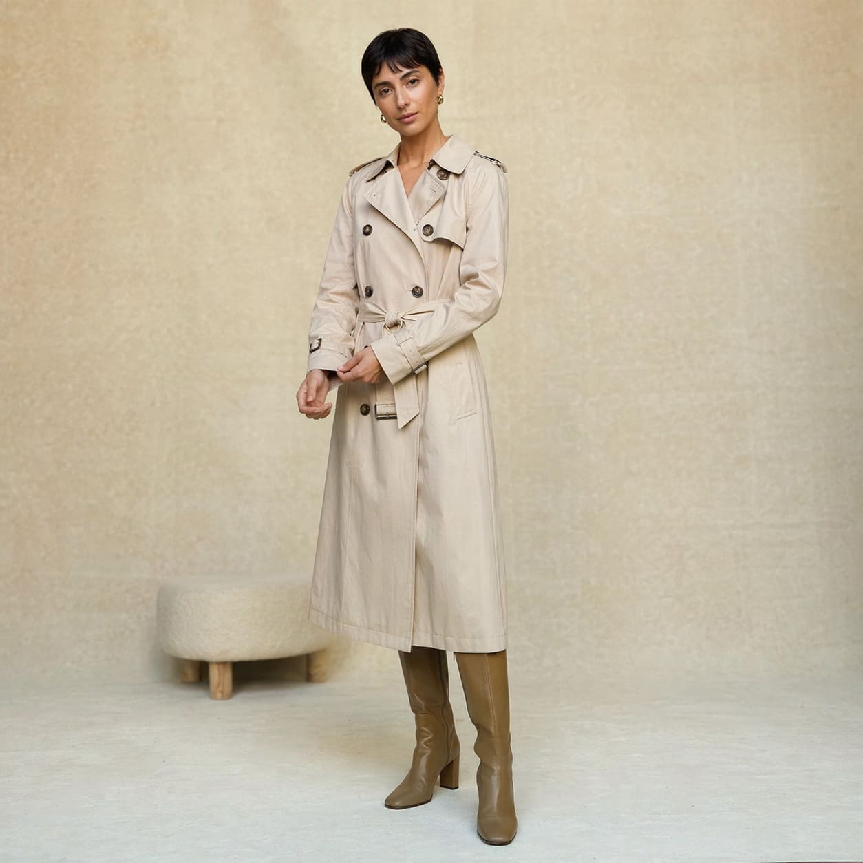 Women's Outerwear – Beige double-breasted trench coat with belt detail - Sample Image