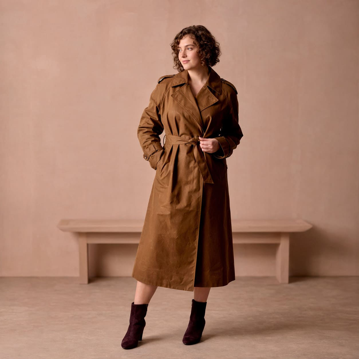 Brown belted trench coat in a classic longline cut, sample image