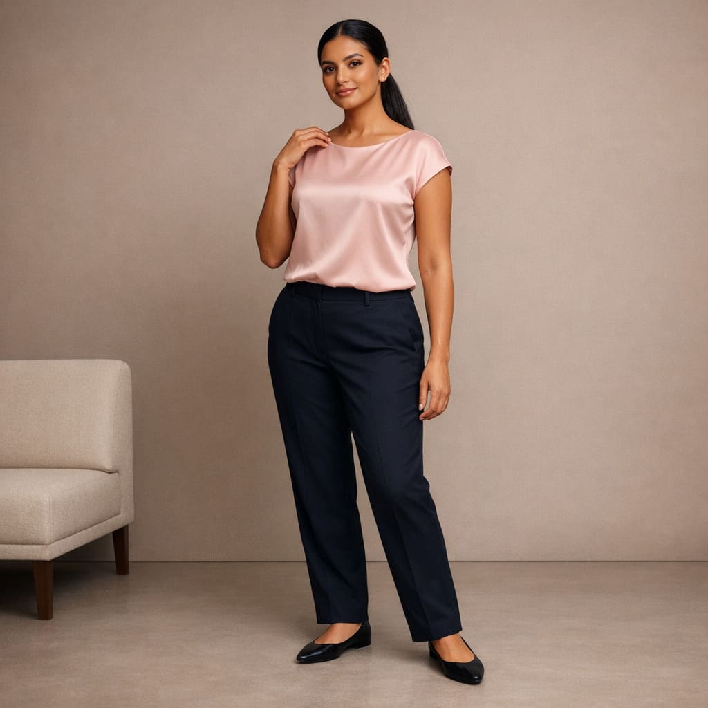 Blush satin blouse worn with navy slim-fit trousers