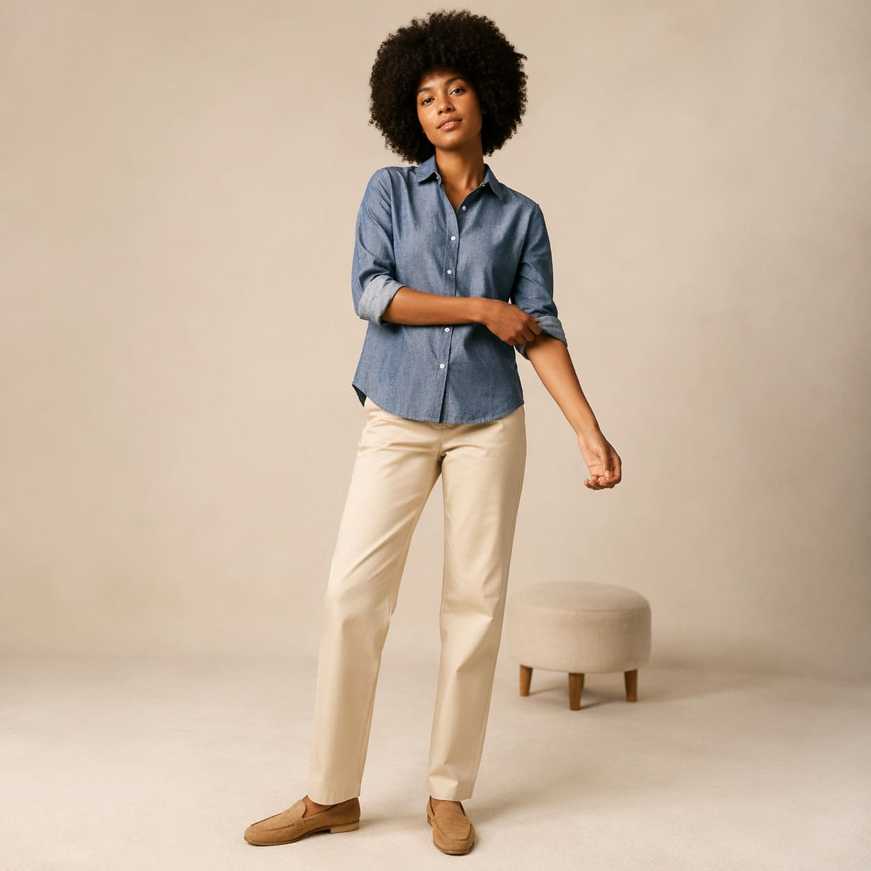 Chambray button-up shirt worn with beige straight-leg trousers