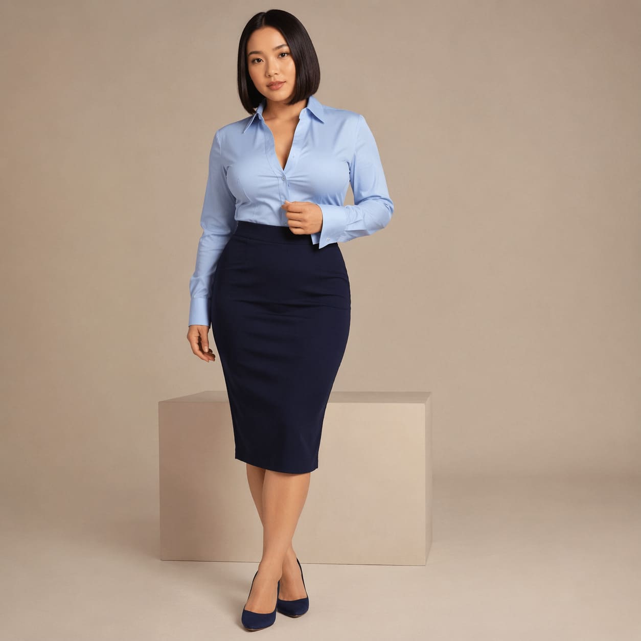 Light blue button-up shirt worn with a navy pencil skirt, sample image