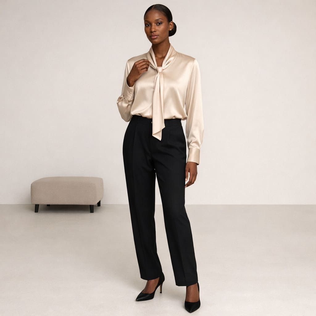 Champagne satin blouse worn with black slim trousers, sample image
