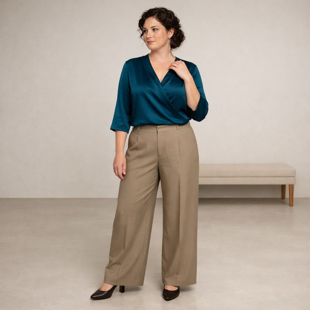 Teal blouse worn with beige wide-leg trousers, sample image
