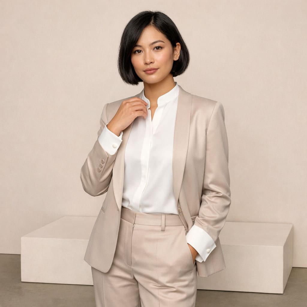 White blouse worn with a beige tailored blazer and trousers