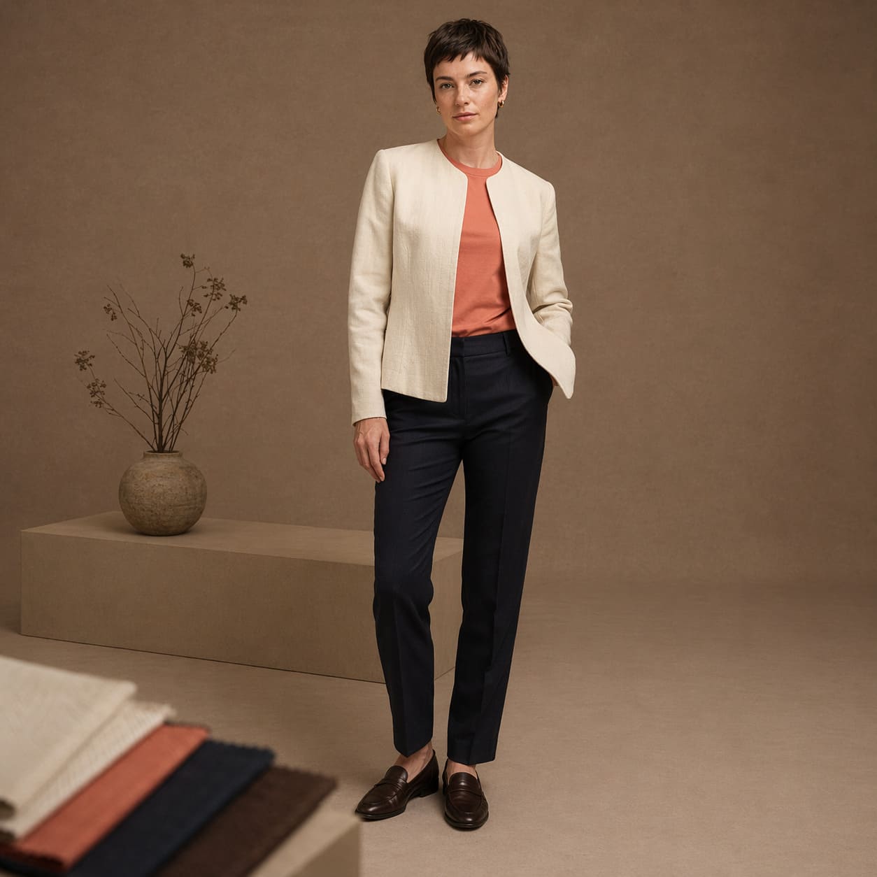 Cream blazer worn with a coral top and dark slim-fit trousers, sample image
