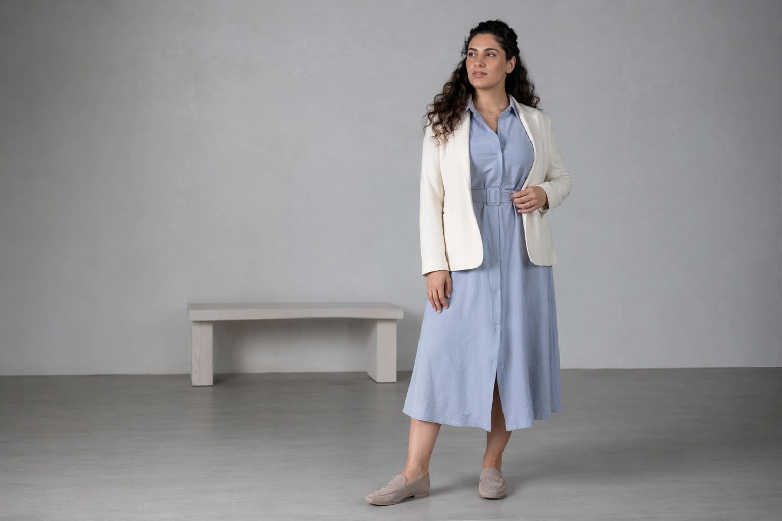 Light blue midi dress with a soft tailored fit, sample image