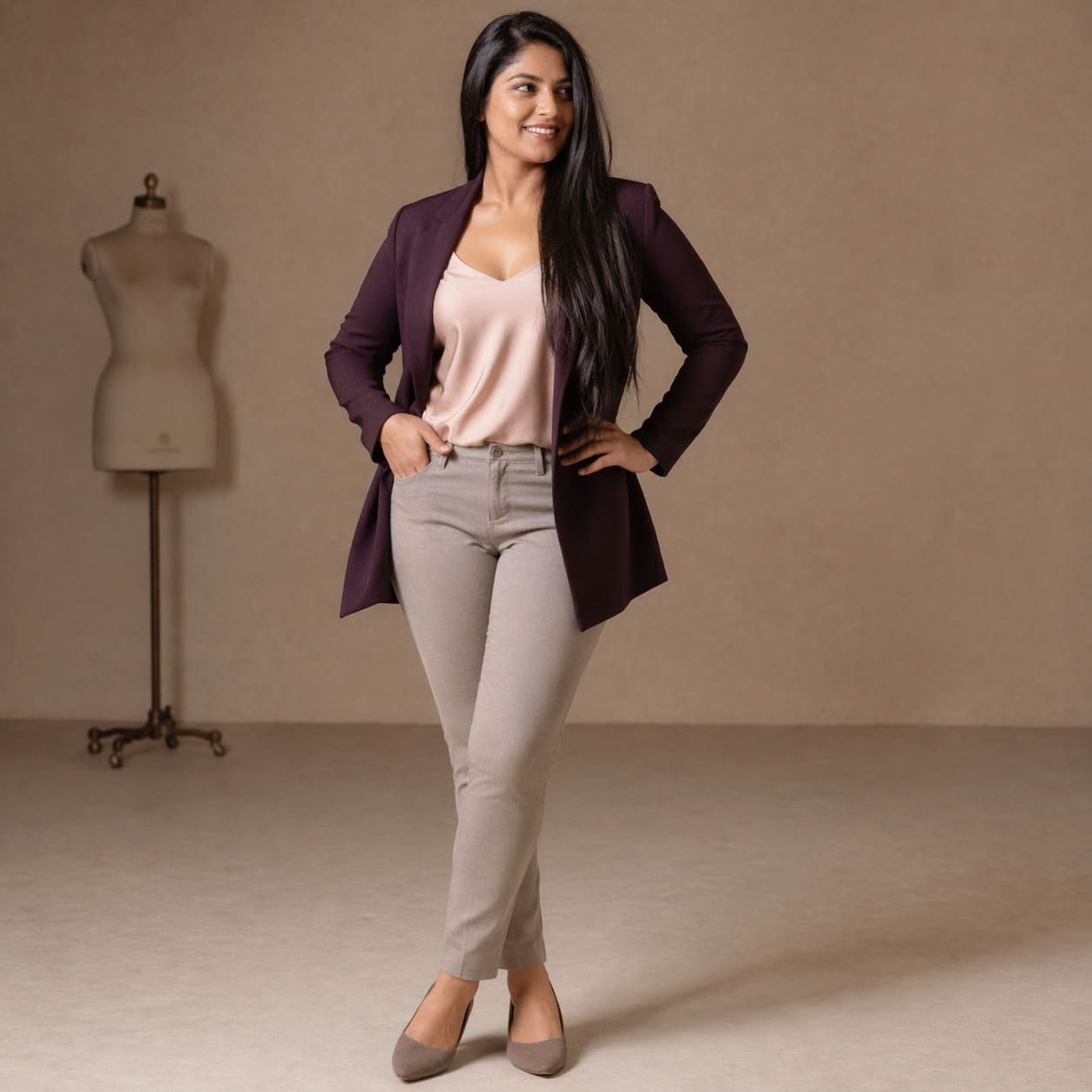 Plum blazer worn with neutral slim-fit trousers, sample image
