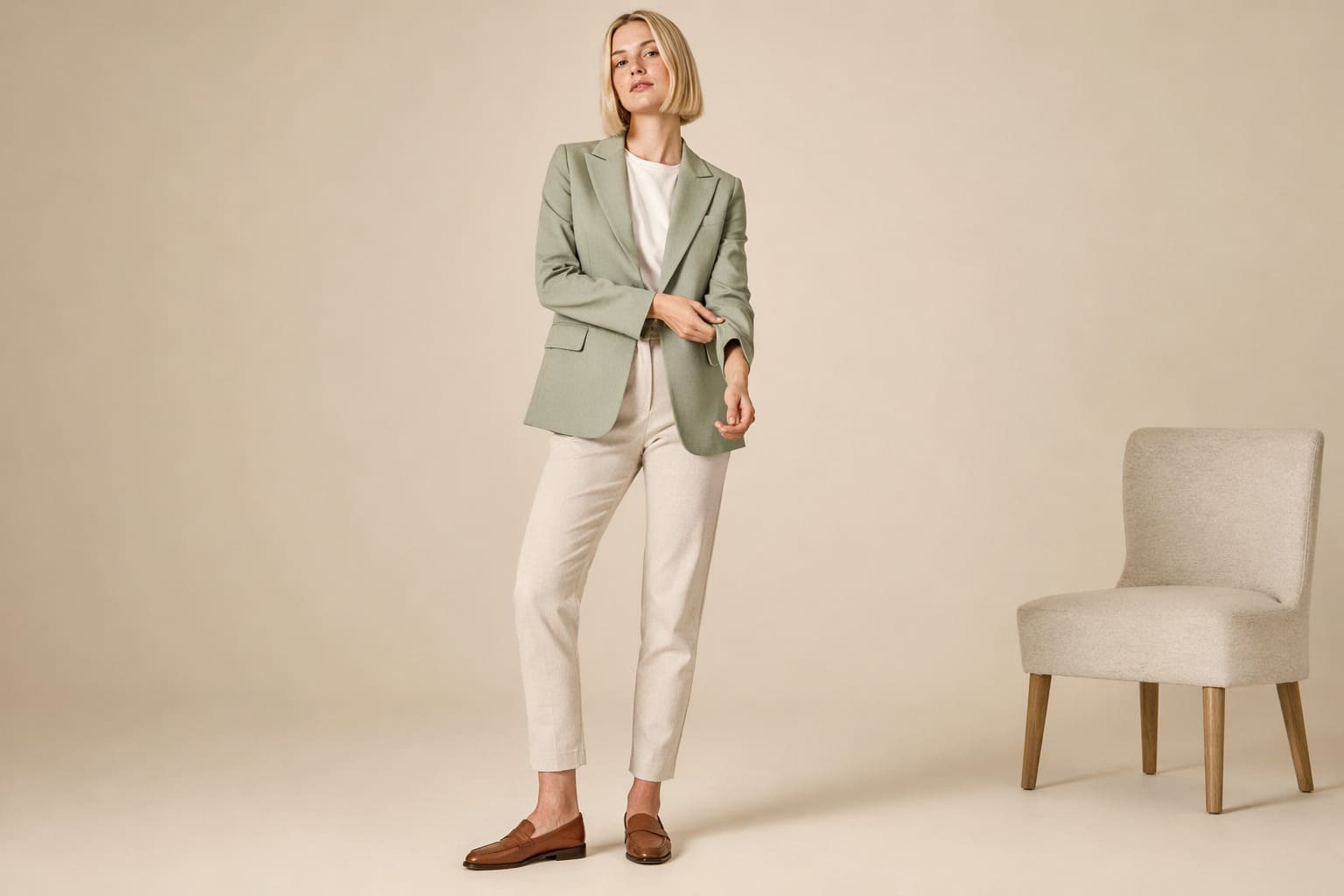 Sage green blazer worn with cream slim-fit trousers, sample image