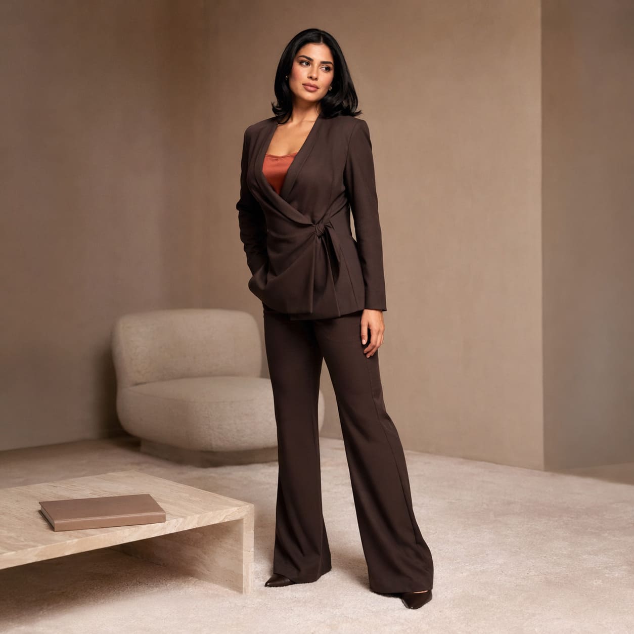 Dark brown tailored blazer with matching wide-leg trousers