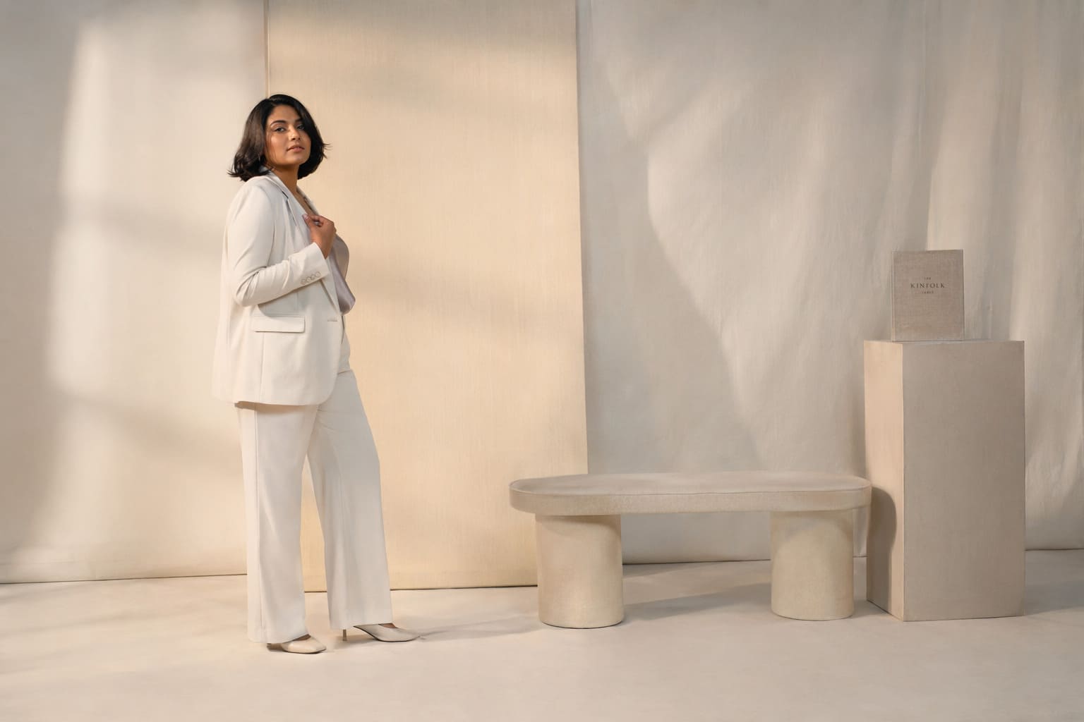 White tailored blazer with matching wide-leg trousers