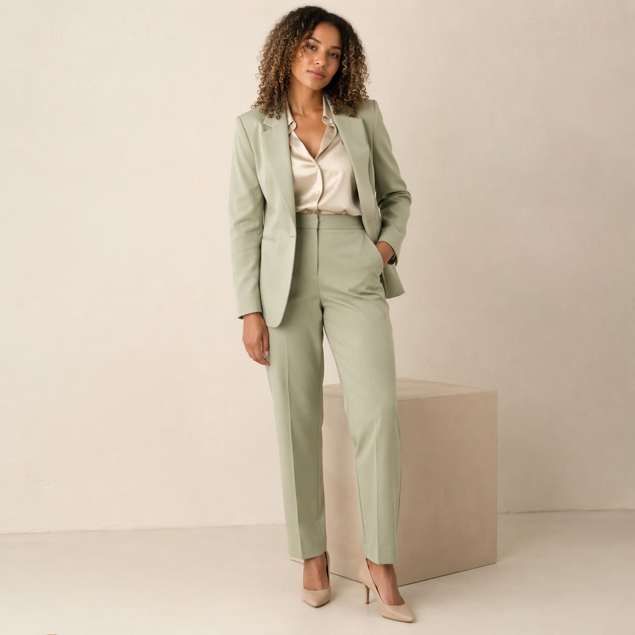 Womenswear For Grand Prix – Sage Green Linen Tailored Suit – Sample Image Womenswear For Grand Prix – Sage Green Linen Tailored Suit – Sample Image