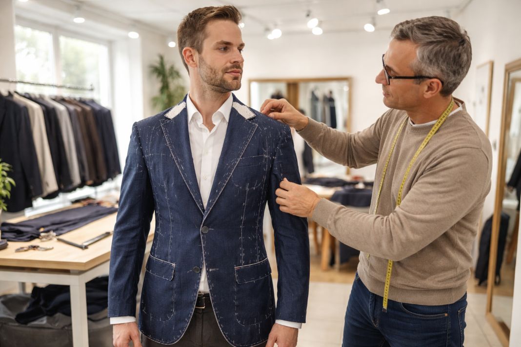 an illustrative photo of a client trying on a half-finished suit during a basted fitting session