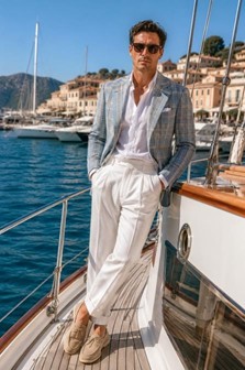 Grey checked linen jacket white linen trousers