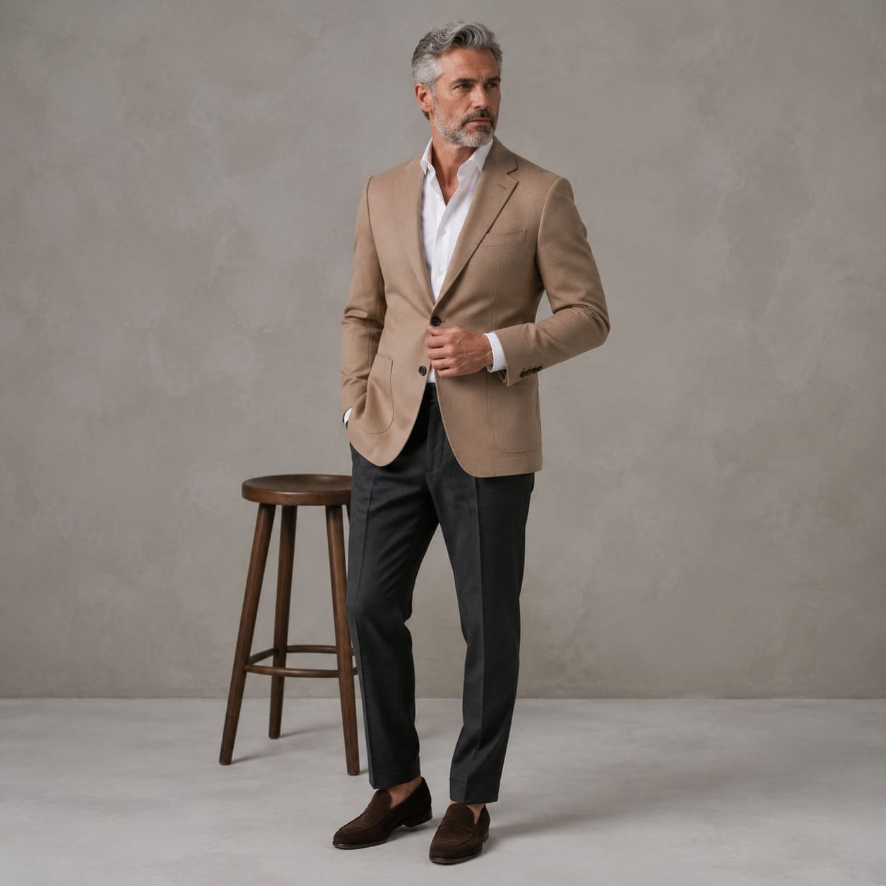 Men's Camel Made-to-Measure Blazer with Charcoal Trousers - Sample Image