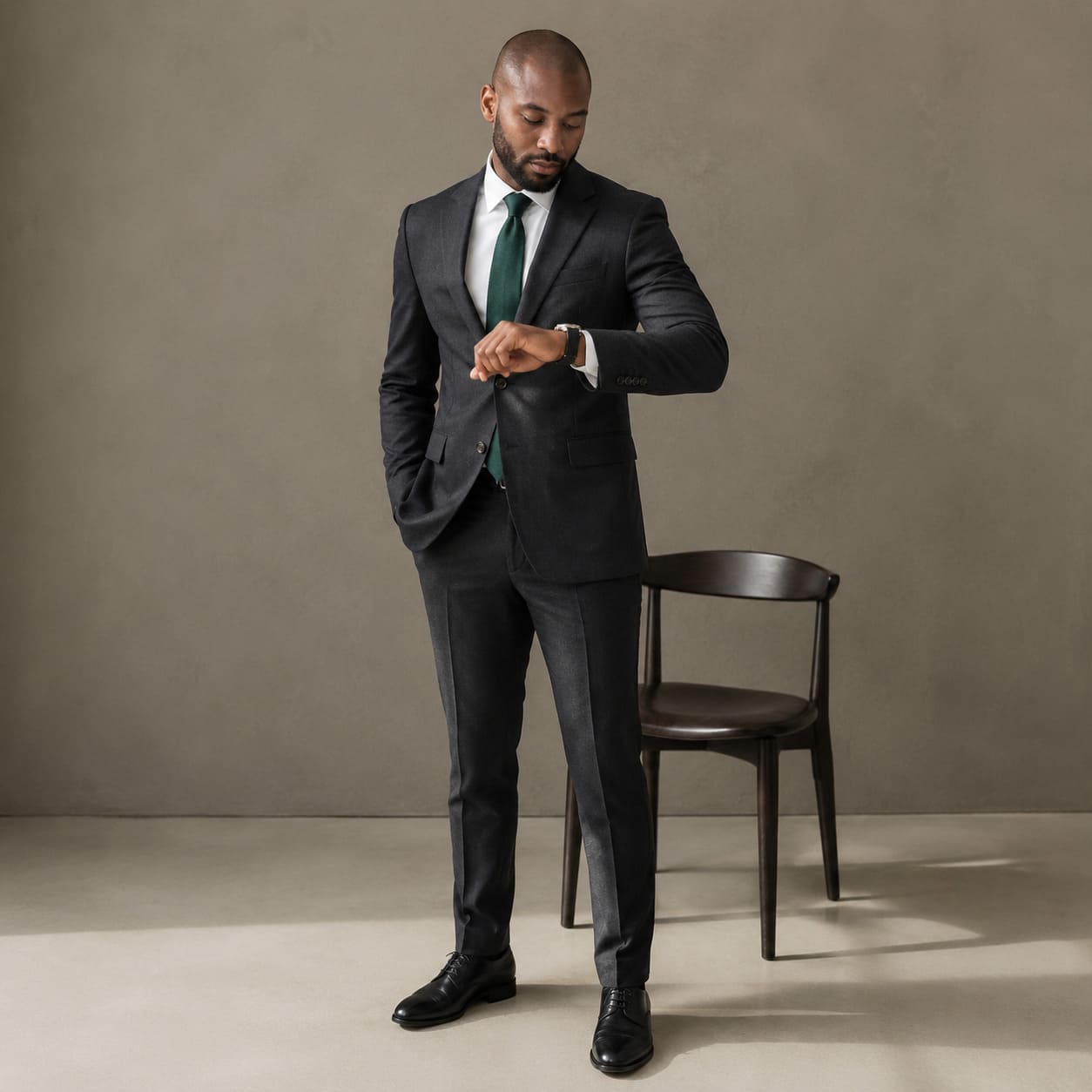 Men's Charcoal Made-to-Measure Suit with Dark Green Tie - Sample Image