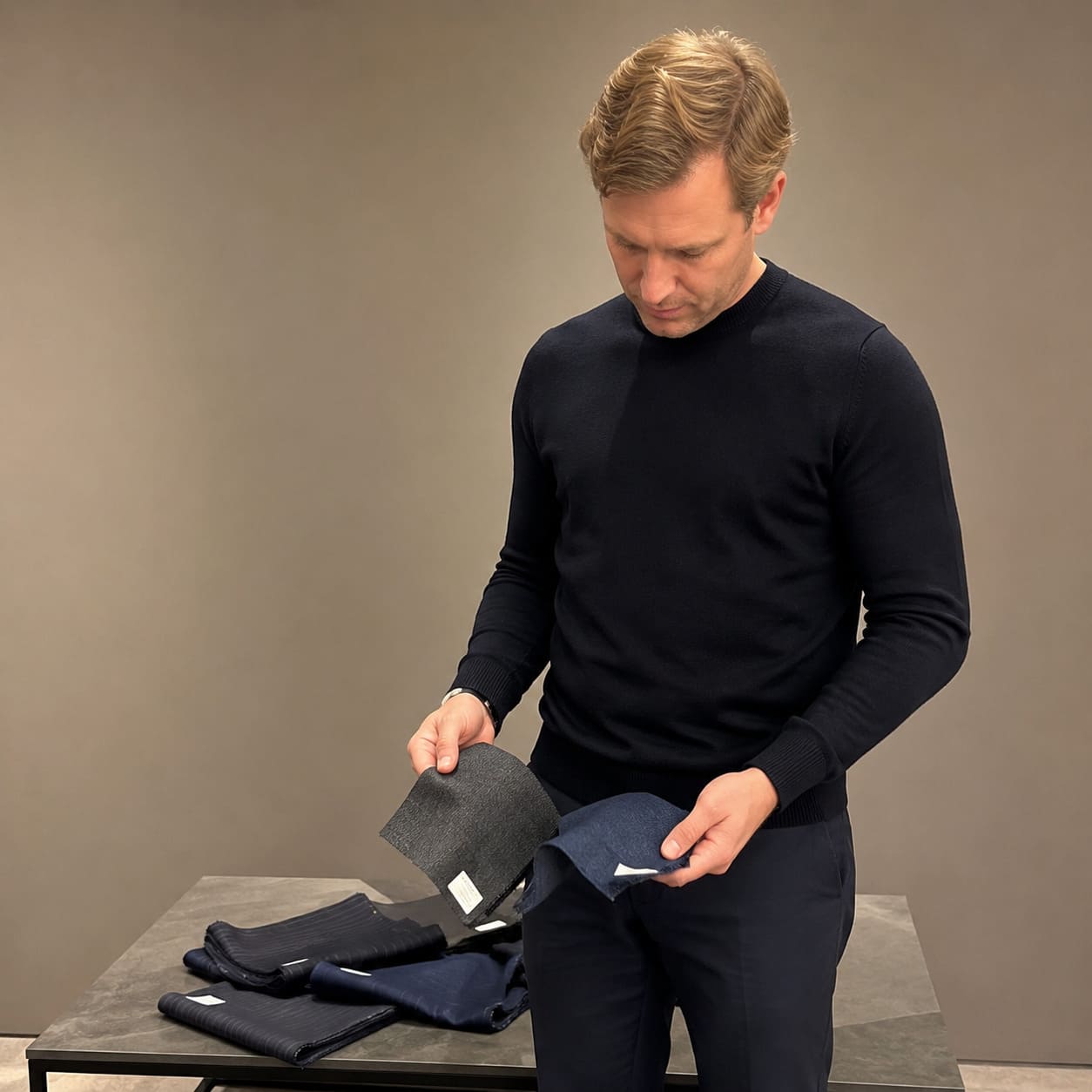 Men's Charcoal and Blue Fabric Swatch Selection - Sample Image