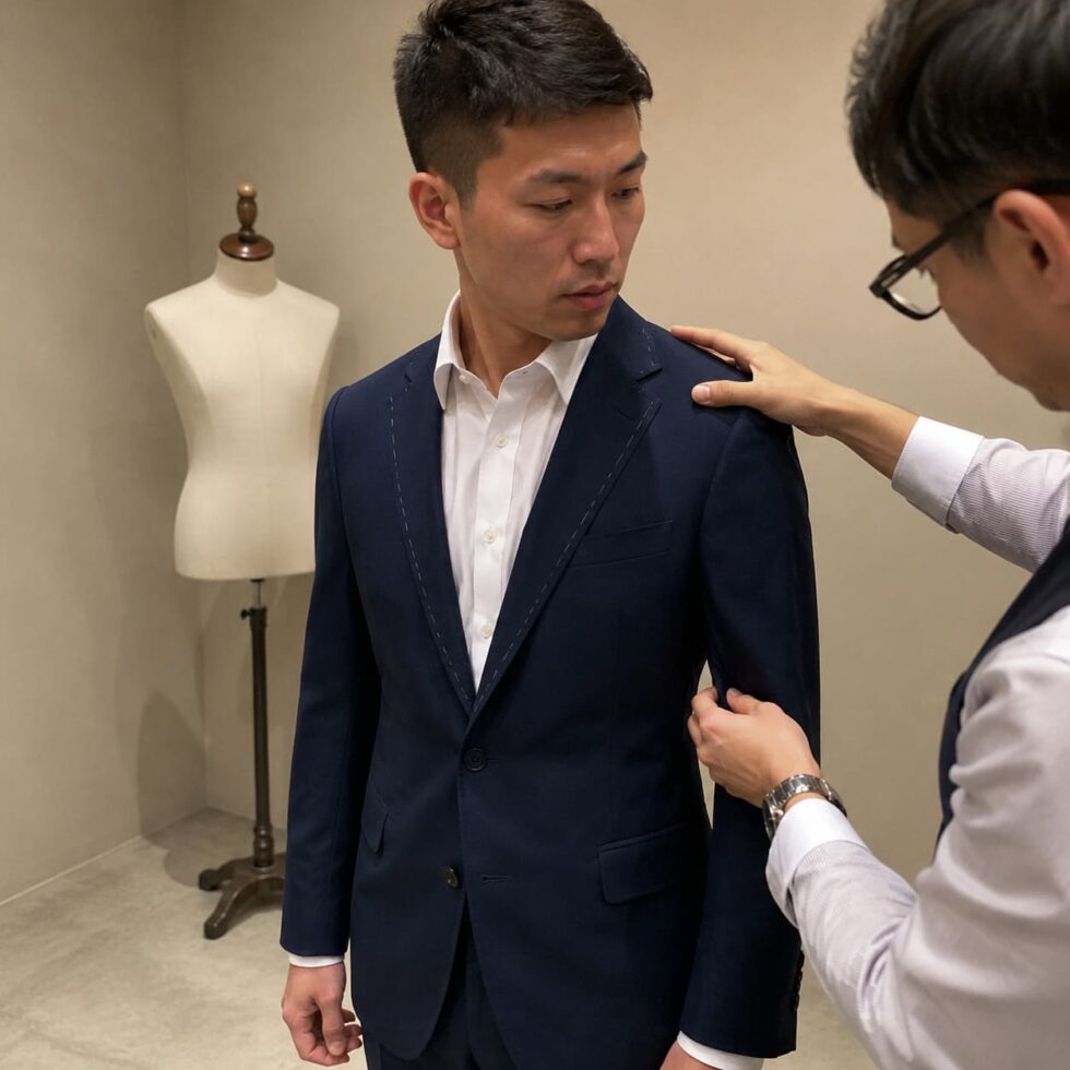 Dark navy tailored jacket during a fitting, sample image