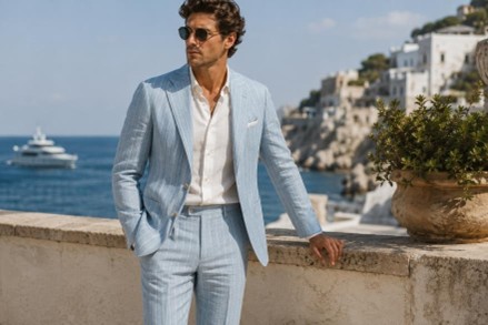 Pale blue linen suit men's coastal summer style