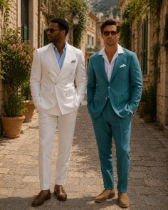 White and teal linen suits men's summer style