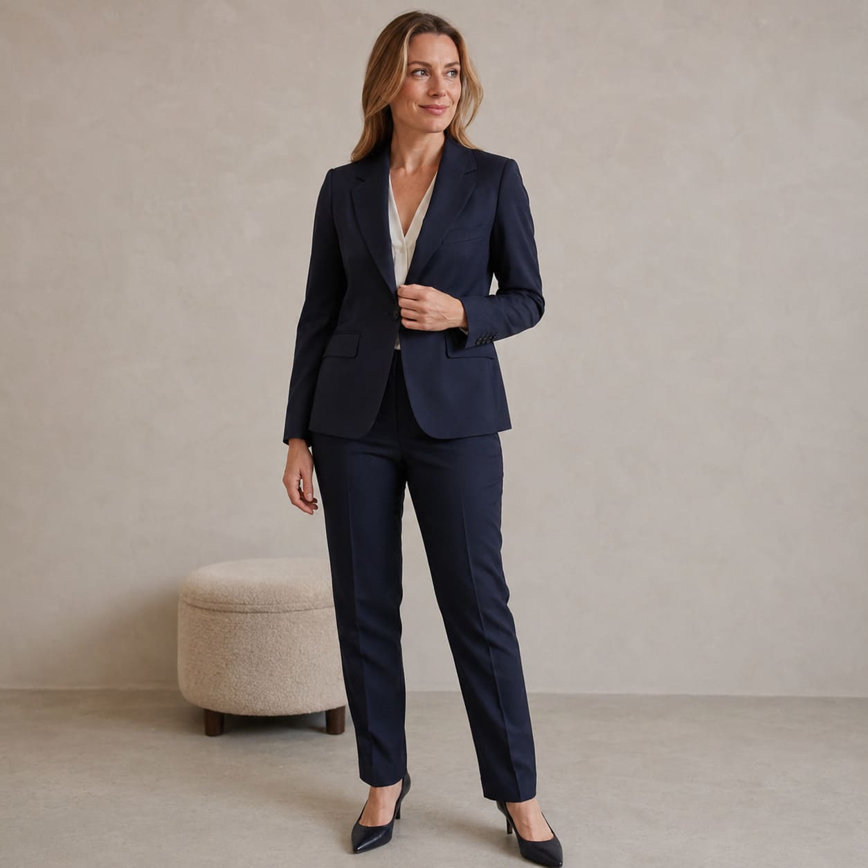 Fitted navy made-to-measure suit worn with an ivory blouse, sample image