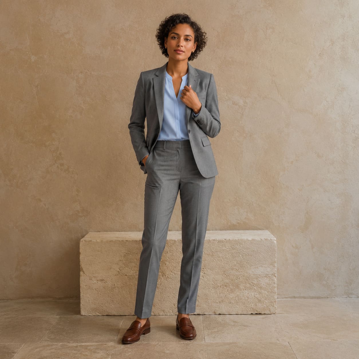 Mid-grey made-to-measure blazer worn with matching trousers, sample image