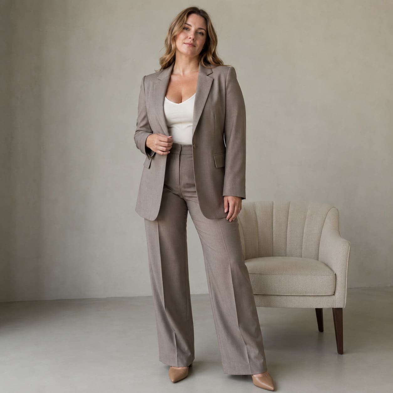 Women's Soft Taupe Made-to-Measure Suit with Longline Blazer - Sample Image